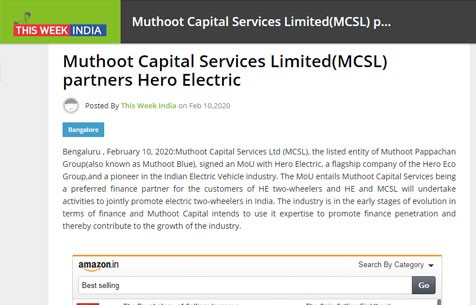 Muthoot Capital with Hero Electric in This week India